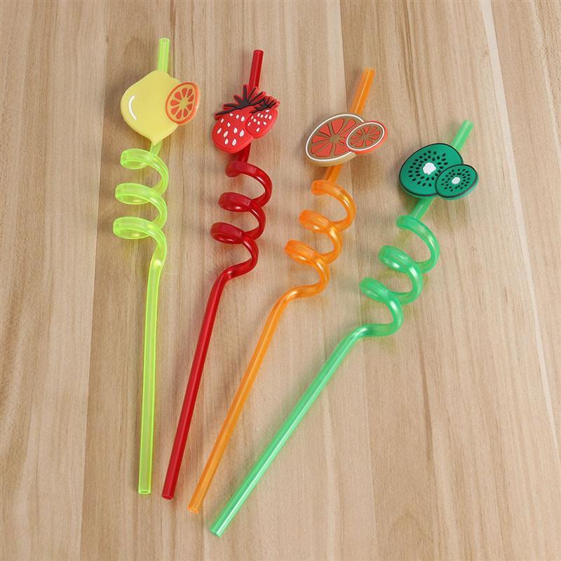 Pack of 4 Straws For Kids, Fruit & Shape Spiral Drinking Straw (Assorted)