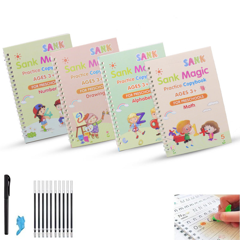 Sank Magic Practice Copybook with 1 Pen 10 refills+ 1 pen case,4 pcs Reusable Handwriting Magic Practice Copybook for Children, Alphabet Number Math Drawing Tracing Book