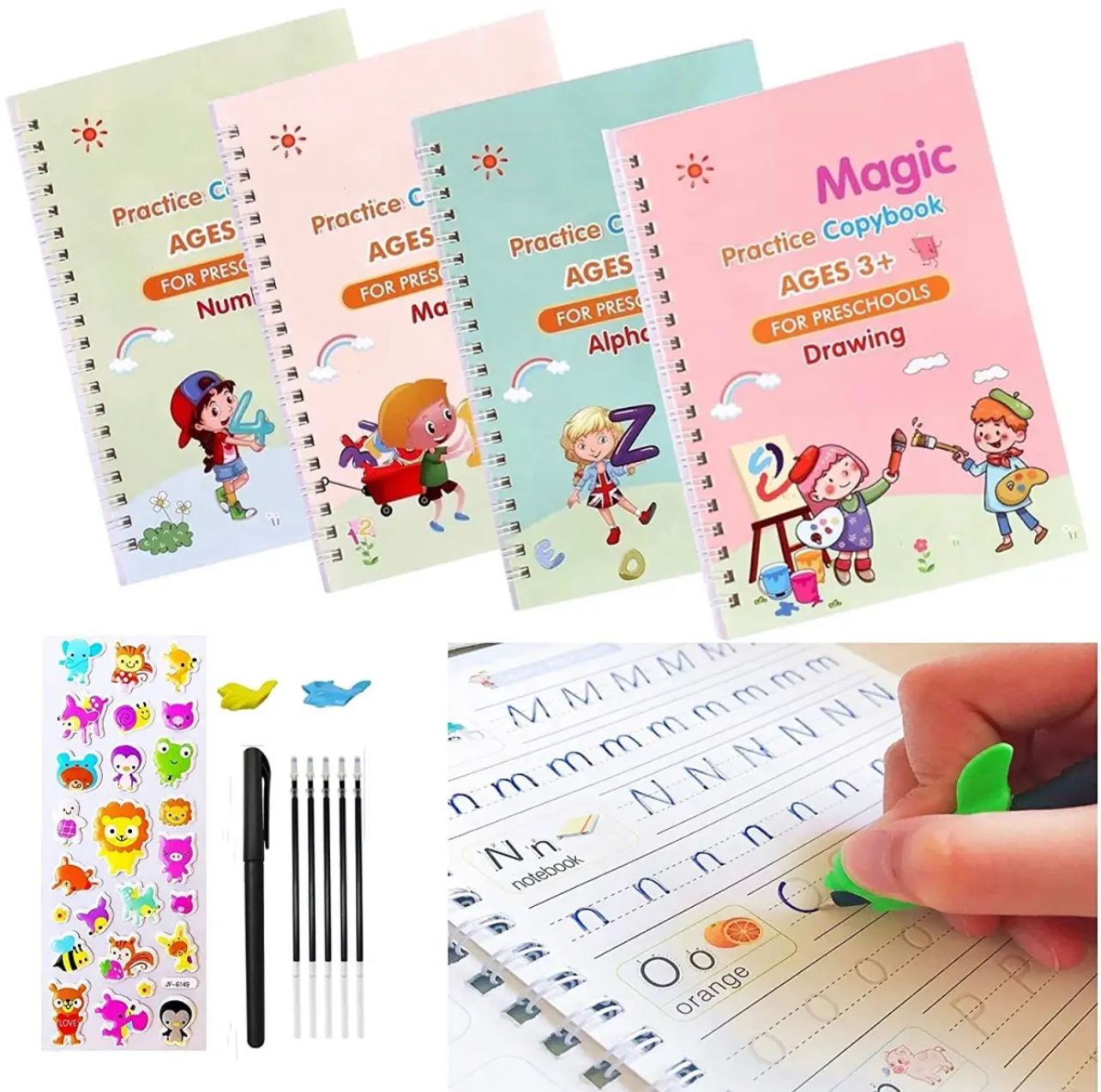 Sank Magic Practice Copybook with 1 Pen 10 refills+ 1 pen case,4 pcs Reusable Handwriting Magic Practice Copybook for Children, Alphabet Number Math Drawing Tracing Book