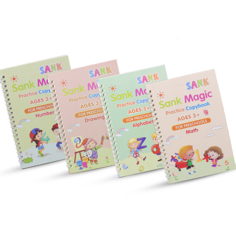 Sank Magic Practice Copybook with 1 Pen 10 refills+ 1 pen case,4 pcs Reusable Handwriting Magic Practice Copybook for Children, Alphabet Number Math Drawing Tracing Book