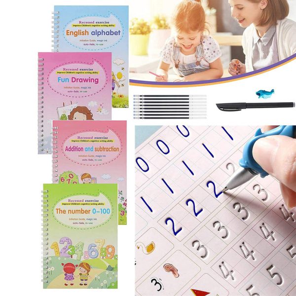 Sank Magic Practice Copybook with 1 Pen 10 refills+ 1 pen case,4 pcs Reusable Handwriting Magic Practice Copybook for Children, Alphabet Number Math Drawing Tracing Book