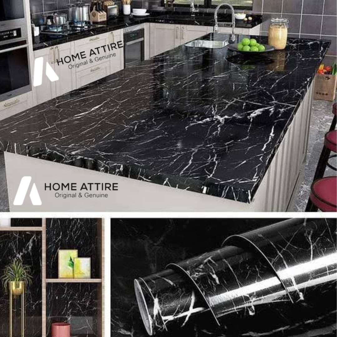 PACK OF 2 ROLL Waterproof Marble PVC Sheet Roll Self-Adhesive PVC White & Black Marble PVC Sheet Roll