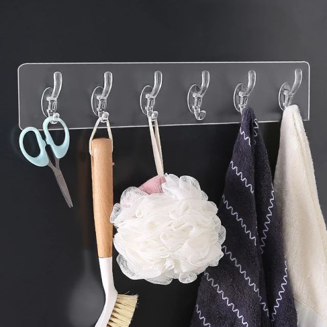 Transparent 6 Hooks Self-Adhesive Heavy-Duty Wall Clothes Hanger