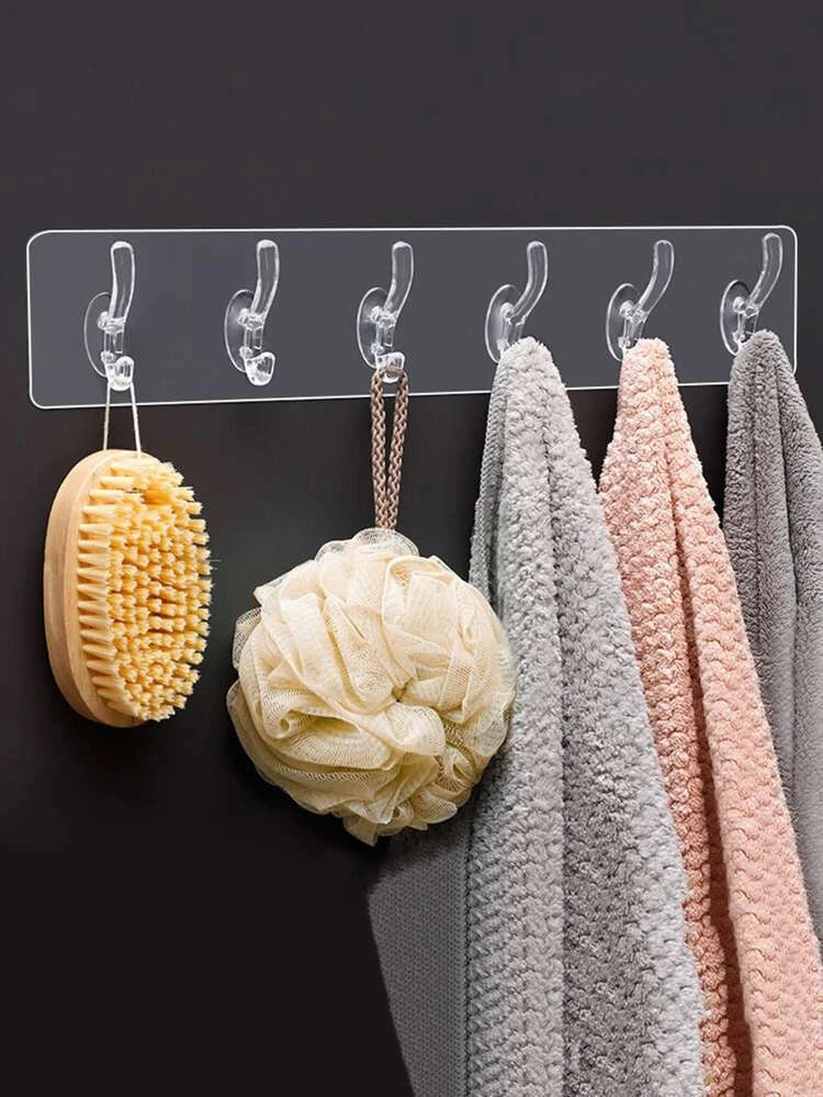 Transparent 6 Hooks Self-Adhesive Heavy-Duty Wall Clothes Hanger